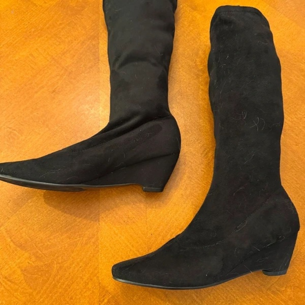 Black Knee-High Wedge Heel Boots